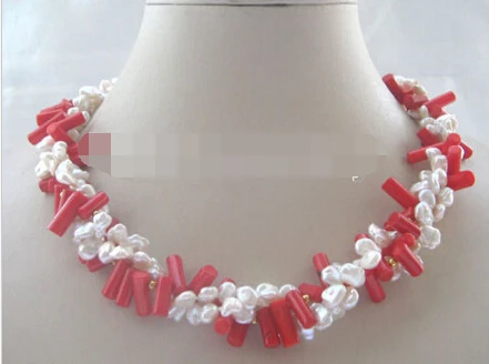 0N827 3row white keshi reborn freshwater pearl& red coral necklace
