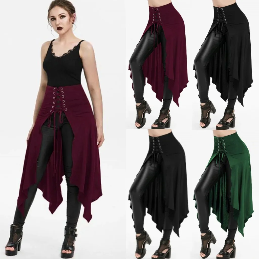 

skirts womens halloween skirt GothicPunk Asymmetric Lace-up Slit Front Skirt A-Line Skirt faldas mujer moda юбка женская#XP30