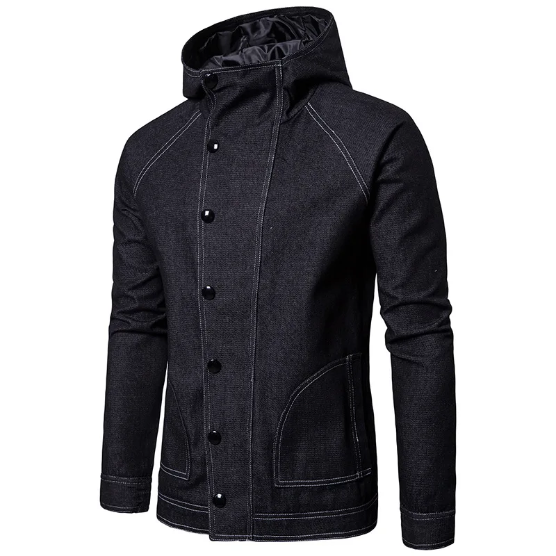 AliExpress Западный ковбойский стиль открытый провод дизайн с капюшоном сплошной цвет Мужская джинсовая куртка