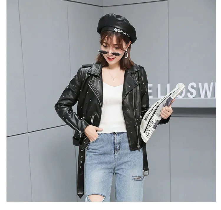 Куртка из натуральной кожи Highstreet Moto с заклепками и вырезами на шее, с пряжкой, с поясом, из овчины, Женская Осенняя зимняя повседневная верхняя одежда