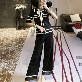 

Summer OL Women's Set Knitted 2 Piece Set Bow Tie Pullover Top & Wide Legs Pants Suit Trousers Set Outfits Knitting Women Suit