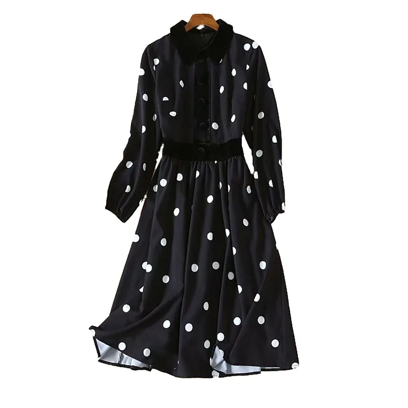 Tanie Milan Walk Show szyfonowa sukienka w kropki 2020 wiosną i jesienią nowy projektant Casual damska aksamitna szwy koszula midi sukienka