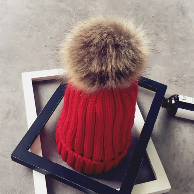Mother& Child Baby Warm Winter Knit Beanie Fur Pom Hat Crochet Ski Cap