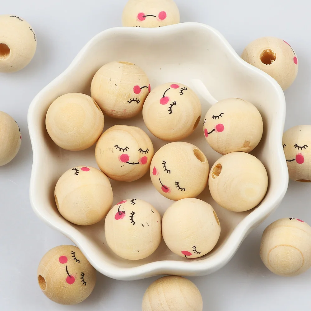 

20pcs 16mm Natural Wood Beads Round Spacer Wooden Balls Smile Loose Beads For Jewelry Making Bracelet Necklace Diy Accessories