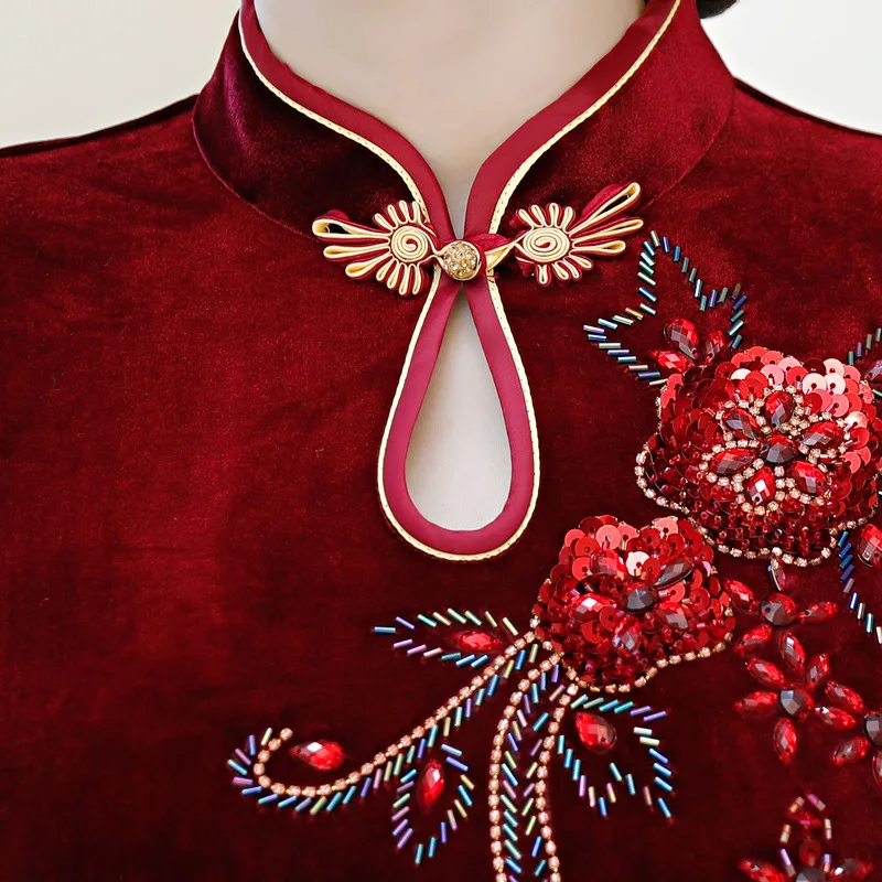 Женские цветочные бисероплетенные длинные Qipao осенние бархатные тонкие Cheongsam элегантные вечерние платья в китайском стиле Vestidos плюс
