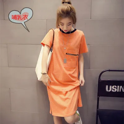 

6019 Lactation Garment Nursing Summer Wear Pure Cotton Short Sleeve Striped Dress Postpartum Fashion Time of Childbirth Dress Nu