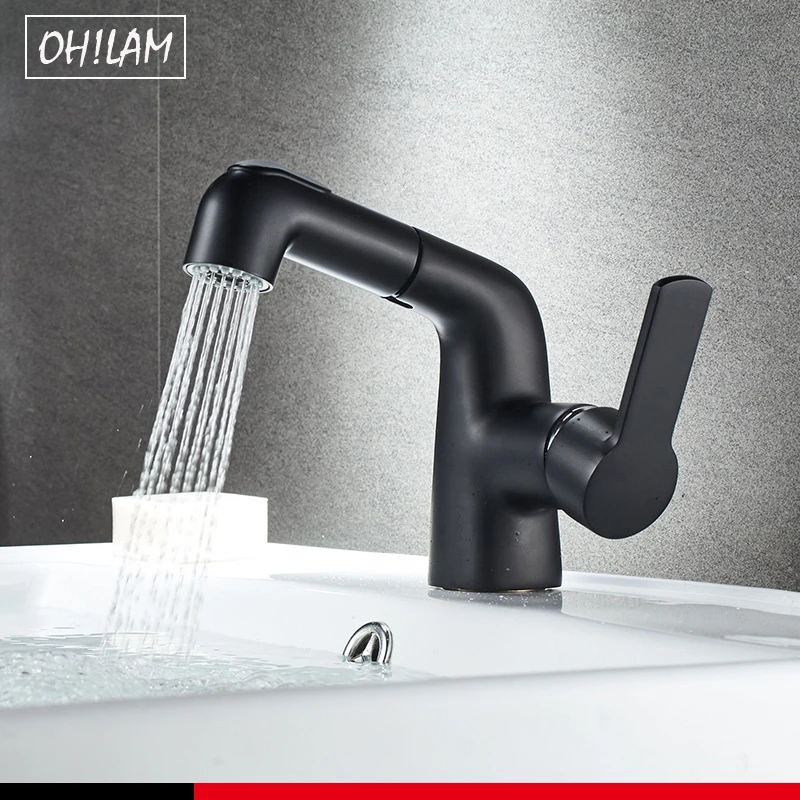 

Pull Out Bathroom Basin Sink Faucet Single Handle Hot and Cold Water Crane Vessel Black Chrome Finished Hair Wash Sink Mixer Tap