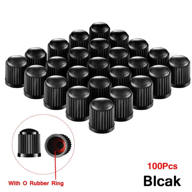 AUTCOAT Tire Stem Valve Caps, with O Rubber Ring, Universal Stem Covers for Cars, SUVs, Bike and Bicycle, Trucks, Motorcycles Black-100Pcs