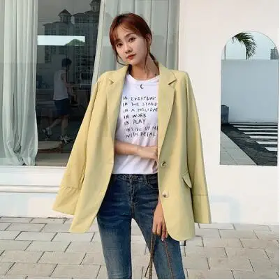 Yellow REALEFT Новое поступление Корея OL Стиль Одна кнопка Женская Куртка Блейзер с надрезом воротник женские костюмы пальто мода осень зима - Цвет: Yellow