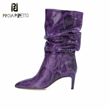 

Prova Perfetto Six Colors Fashion Pleated Microfiber Snake Skin Women's Ankle Boots Pointed Toe High Thin Heels Vulcanized Shoes