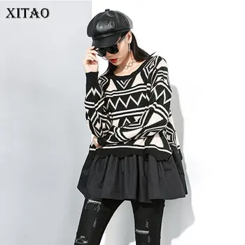

XITAO Cross Border Pattern Knitted Sweater Fashion 2019 Winter Elegant Geometrical Full Sleeve Casual Loose Sweater GCC2897