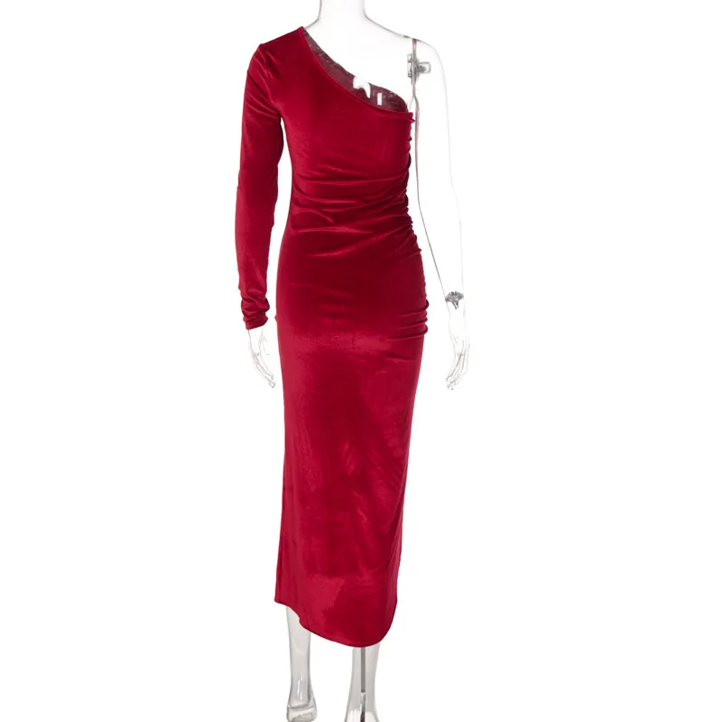 Elegant One Shoulder Velvet Dress