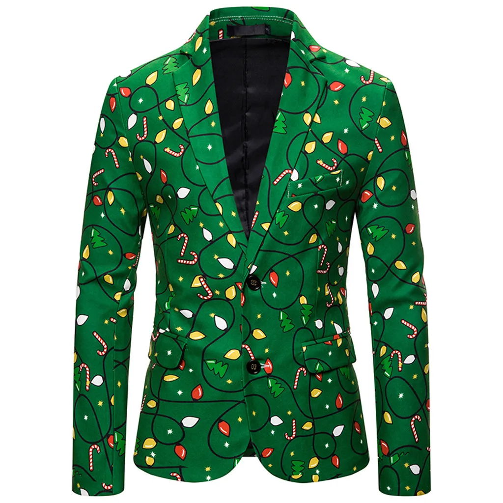 Мужской Блейзер, Мужской приталенный зеленый Блейзер из полиэстера, праздничный однобортный пиджак с рождественским принтом masculinoL30923 - Цвет: GN