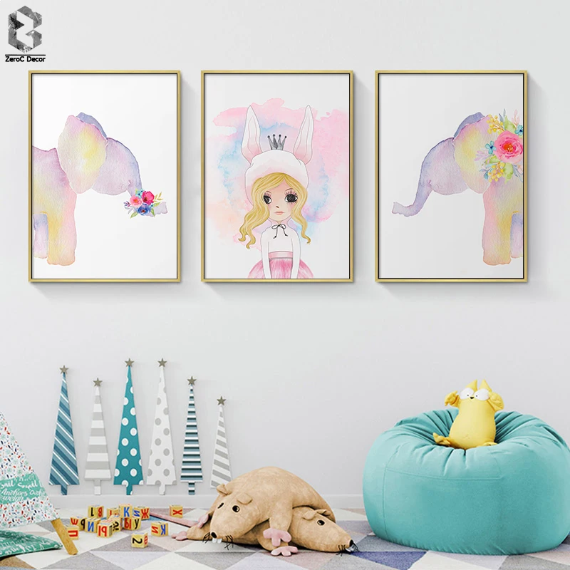 

Animals Floral Rabbit Girl Art Decor Canvas Painting Baby Girl Prints Elephant Watercolor Wall Picture Kids Room Nursery Poster