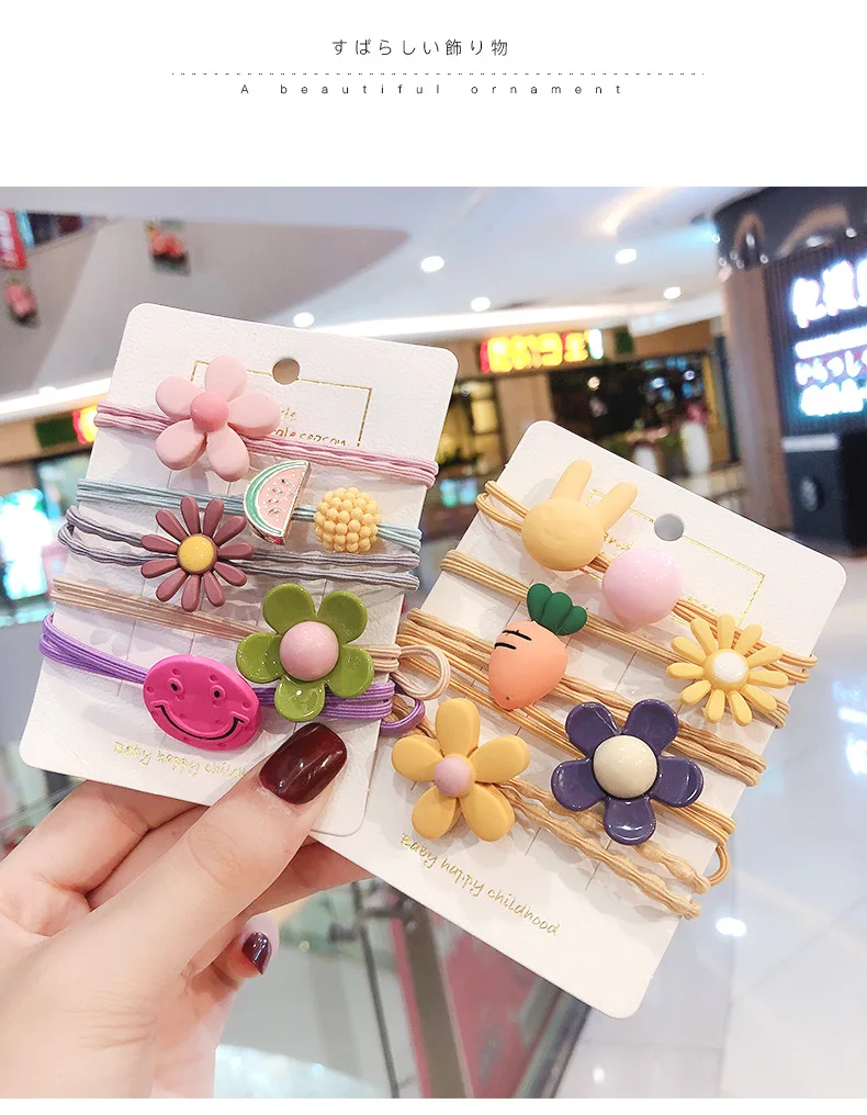 5 шт./компл. Новинка, принт с героями мультфильмов Kawaii, цветок Резинка для волос для девочек; резинка для волос, обтянутая тканью; резиновые ленты аксессуары тканью; прическа хвостик; повязка на голову Головные уборы