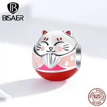 Бусины кошка BISAER Лидер продаж 925 пробы серебро Maneki Fortune Neko Lucky талисманы подходят бусины браслеты серебро 925 ювелирные изделия ECC1341