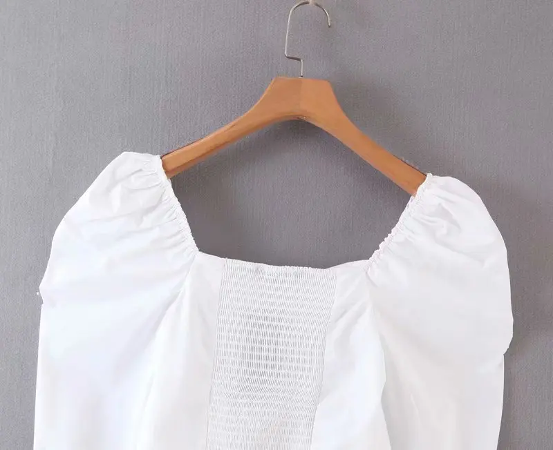 Женская модная однотонная Повседневная тонкая Свободная Женская блузка Винтажная с квадратным воротником сзади эластичная белая блуза шикарные топы LS4218