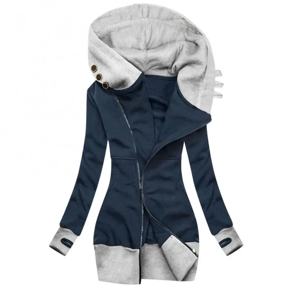 Women Autumn Winter Hoodie Coat Long Sleeve Pocket Zipper Mid-length Jacket Large Size Denim Jacket 2021 casual cotton elastic denim high waist jeans gradual change full length pants zipper fly straight women s clothing fashion wild