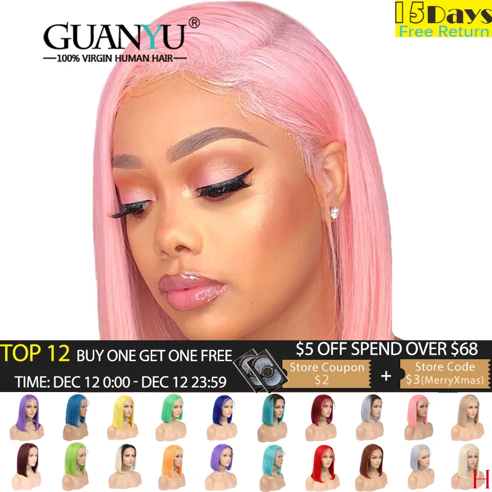 Comprar Pelucas delanteras de encaje de Bob Rosa cabello humano 13X4 Pre desplumado 613 pelucas de Bob corto de color azul rojo gris verde Ombre para mujeres negras Remy