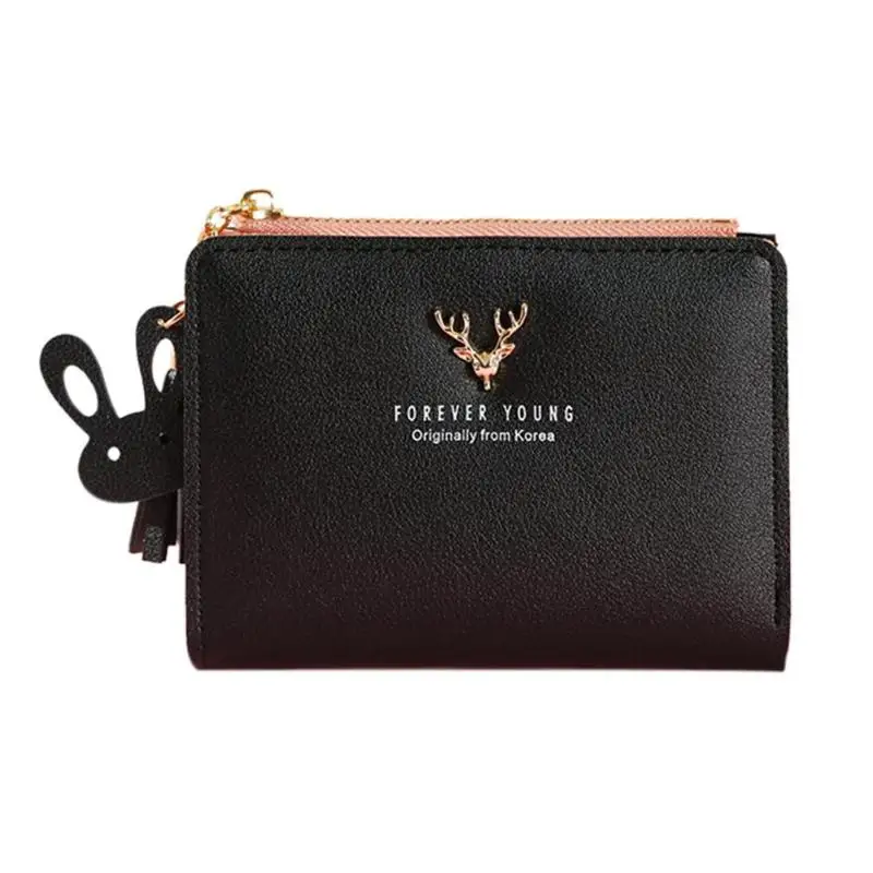 Черный Short Wallet Women Purses Fashion Fold Coin Purse Deer Girls Bifold Short Wallet Soft Leather Clutch Women Purse Card Holder - Цвет: Черный