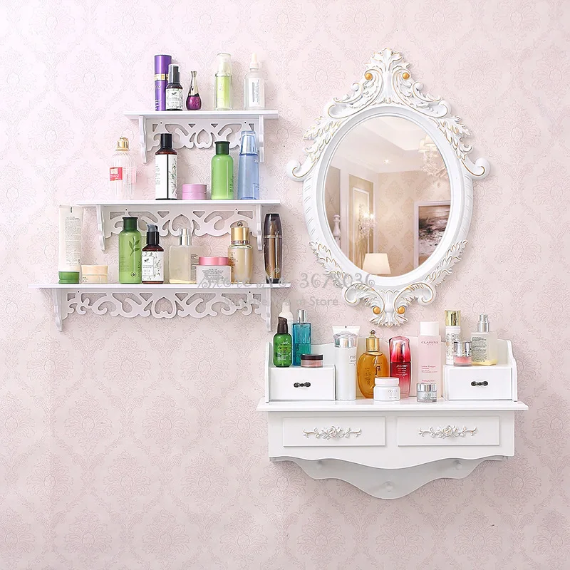 

White European Modern Minimalist Small Apartment Mini Wall Dressing Table Mirror Stool Home Bedroom Dressing Table Makeup Mirror