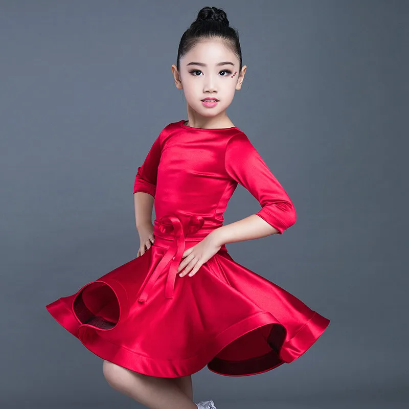 middle sleeve red Детское профессиональное платье для латинских танцев с длинным рукавом для девочек ча Румба Самба танец одежда Детский бальный костюм для танцевального конкурса - Цвет: middle sleeve red