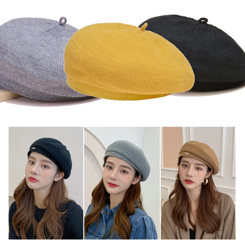 Милый игривый женский купольный берет шапка однотонные вязаные хлопковые шапки