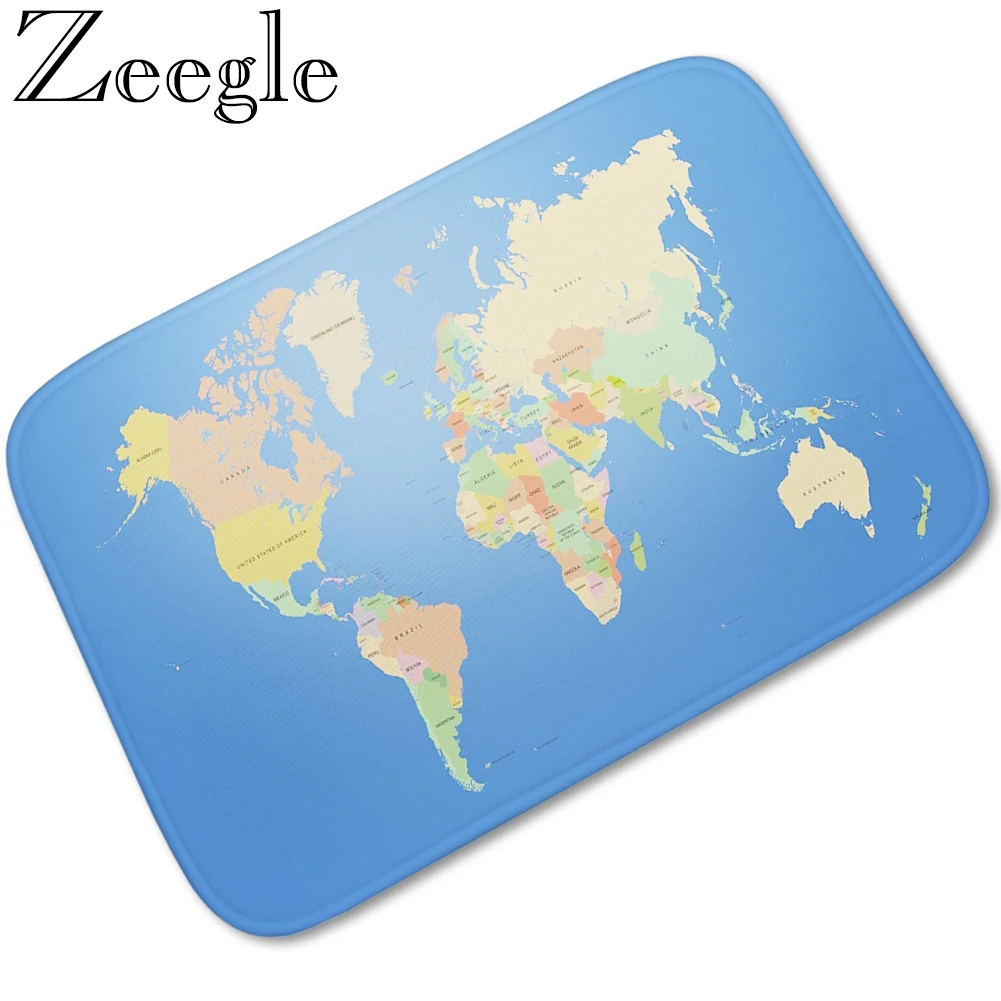 Zeegle Flannel Welcome Floor Mats Map Printed Bathroom Kitchen Carpet Anti-slip Doormats For Living Room Anti-Slip Toilet Rugs