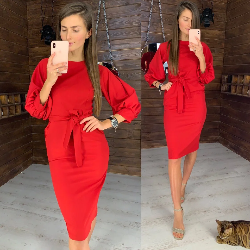 Women Vintage Lantern Sleeve Sashes Party D ress Long Sleeve O neck Solid Sheath Elegant Casual Dress 2019 Autumn Fashion Dress