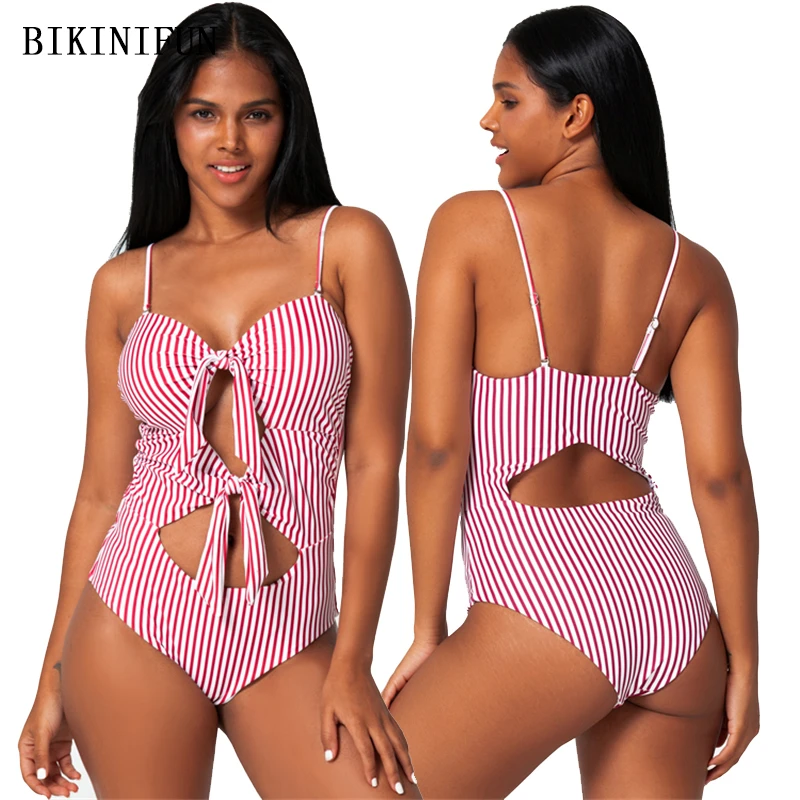 

2020 New Sexy Bow Knot Swimsuit Stripe Print Swimwear Cutout Monokini S-XL Girl Backless Bathing Suit Push Up One Piece Suit