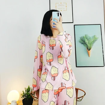 

2020 Autumn Winter Women Pajamas ice cream Print Pajama Sets Cotton Rayon Long Sleeve Korean Loose Sleepwear M-XL