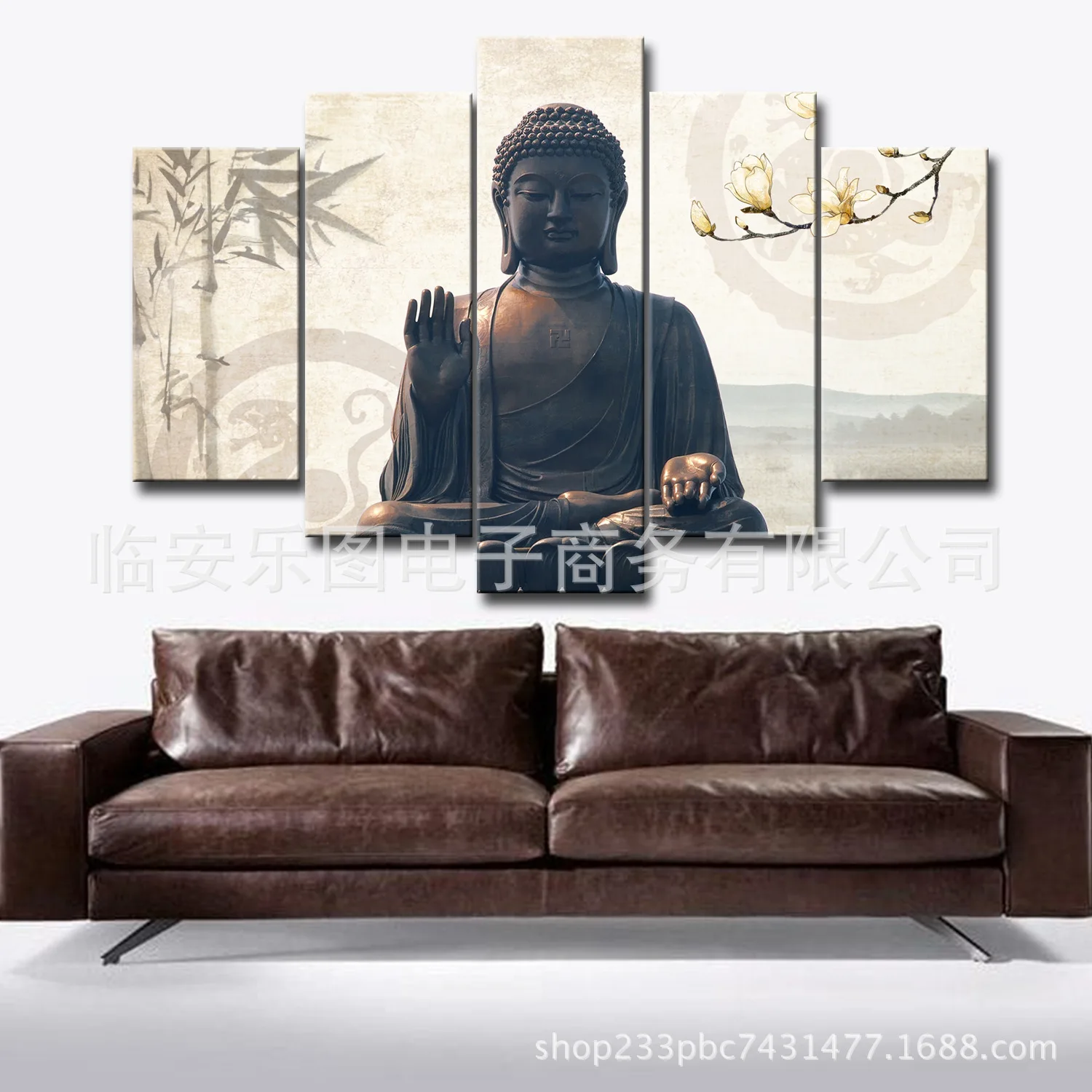 

Cross Border Decorative Painting Hot Sales New Chinese Style Living Room Buddha Statue 5 Joint Canvas Painting Core Library Asse
