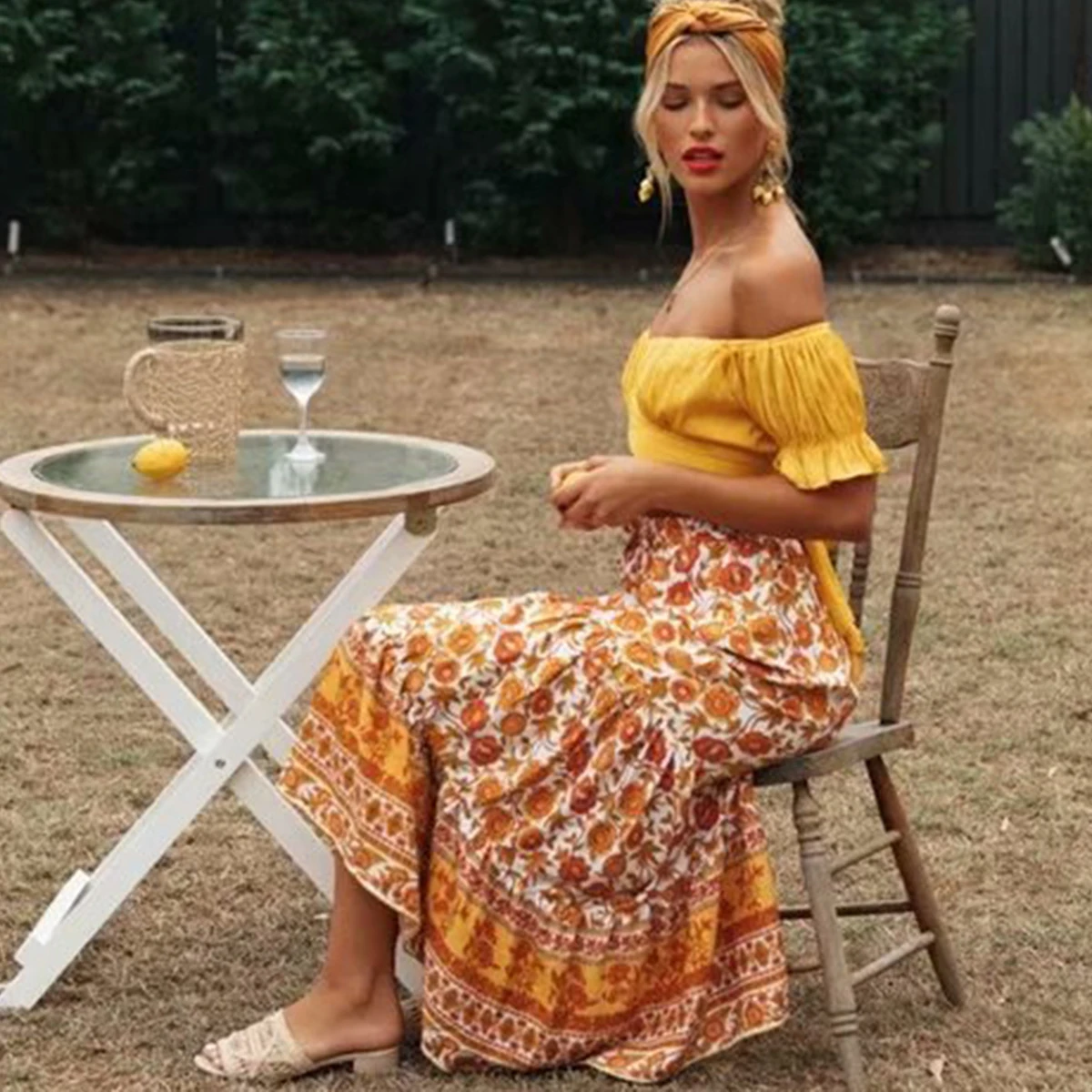 

Hippie Summer Floral Printed Midi Skirt High Waist Elastic Vintage Faldas Spring Beach Boho Casual Clothes 2020 Long Women Skirt