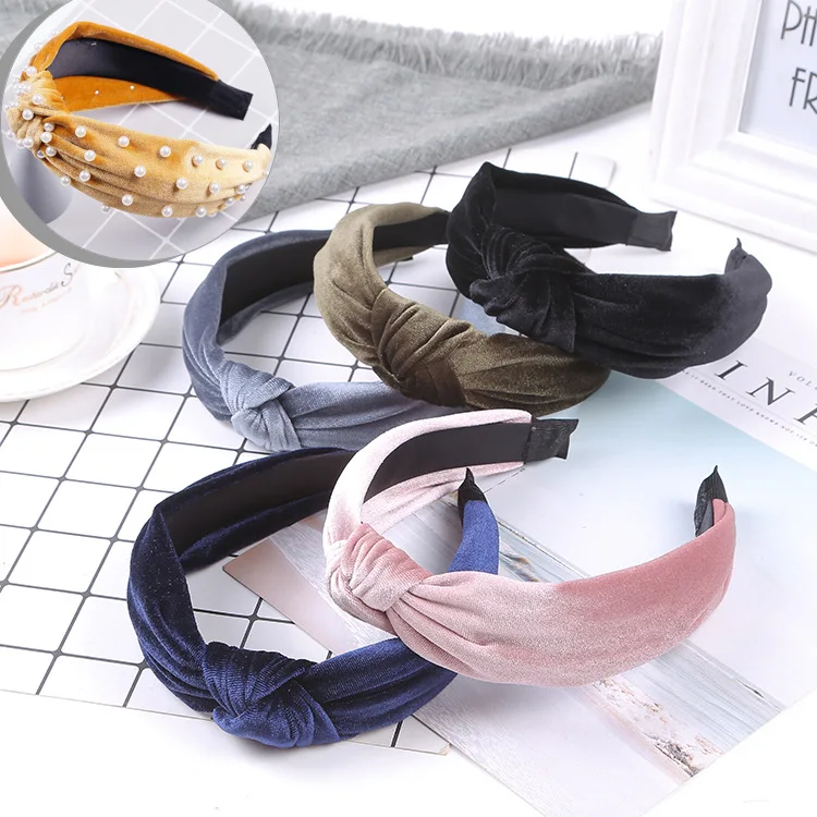Korean-style Hair Accessories Solid Color Gold Velvet Elasticity Fleece Large Rims Headband Head Buckle Knot Hair Bands Women's