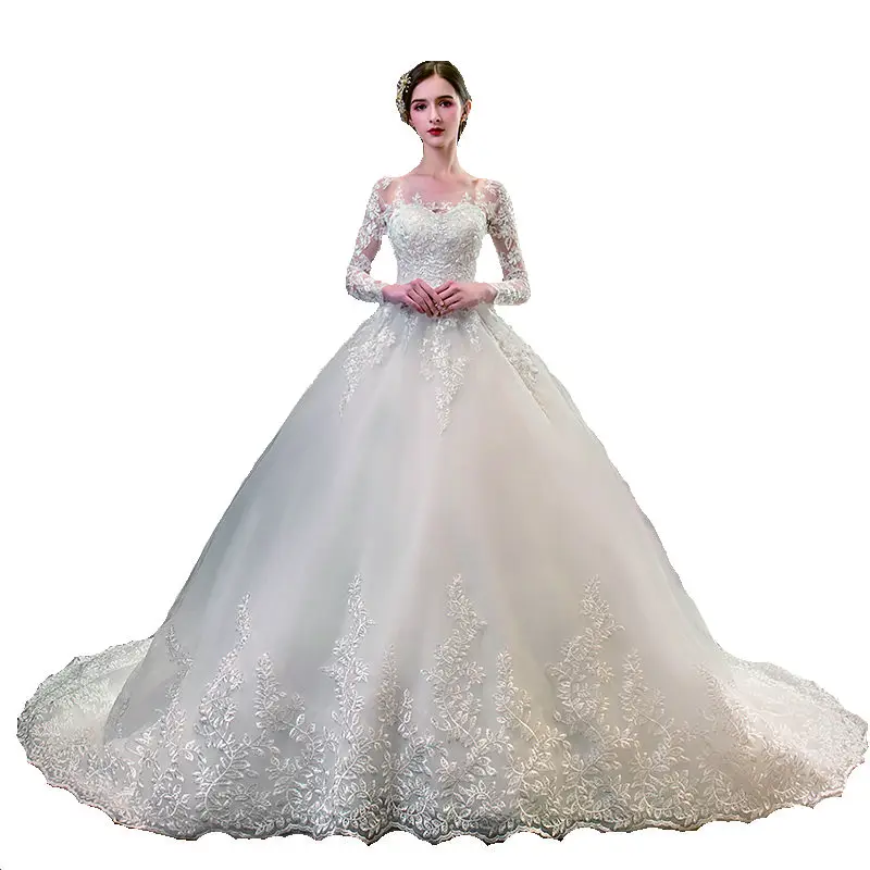 New Romantic Sweet Elegant Luxury Long Lace Princess Wedding Dress With Sleeves Appliques Celebrity Bride Gown Vestidos De Noiva 4