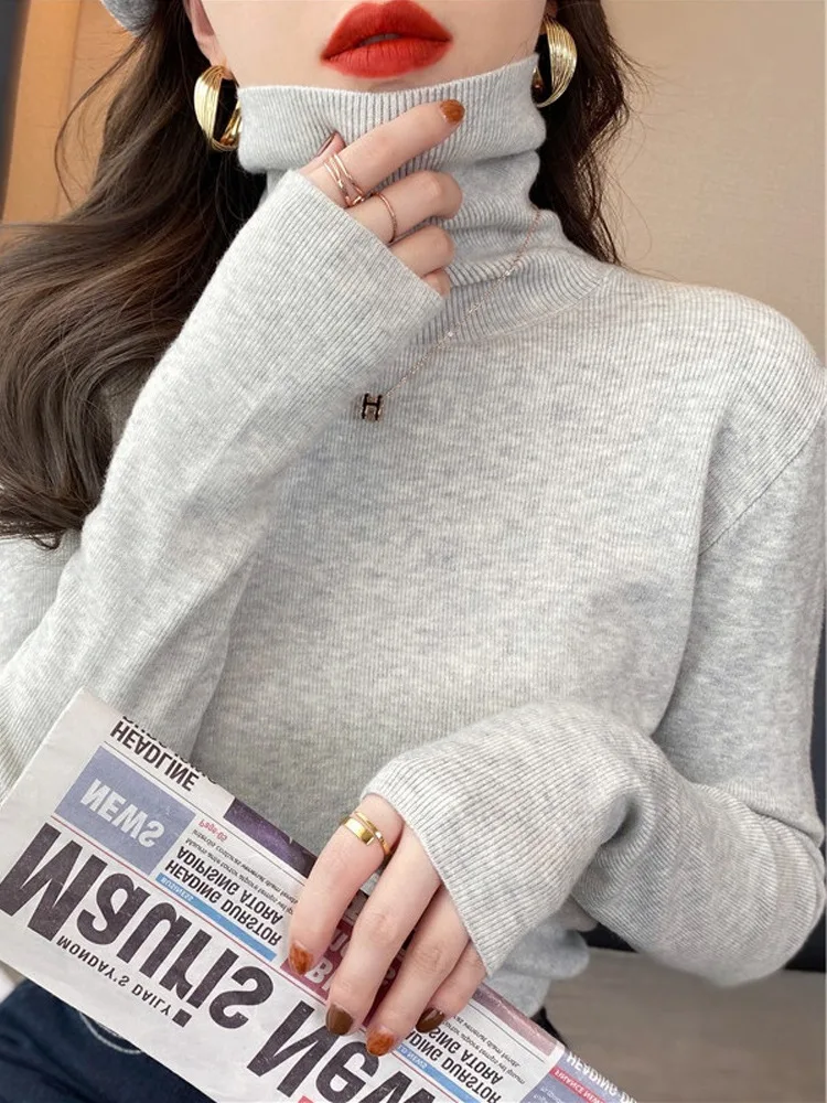 Suéter retro francés con cuello de pila para mujer, top de punto de