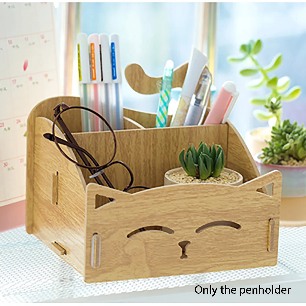 Подставка для карандашей из цельного дерева с 3 отделениями Настольный держатель