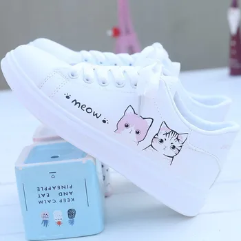 

Women Sneakers Fashion Breathble Vulcanized Shoes Pu Cute Cat Cartoon Lace Up Casual White Women Shoes Woman Flats Plus Size