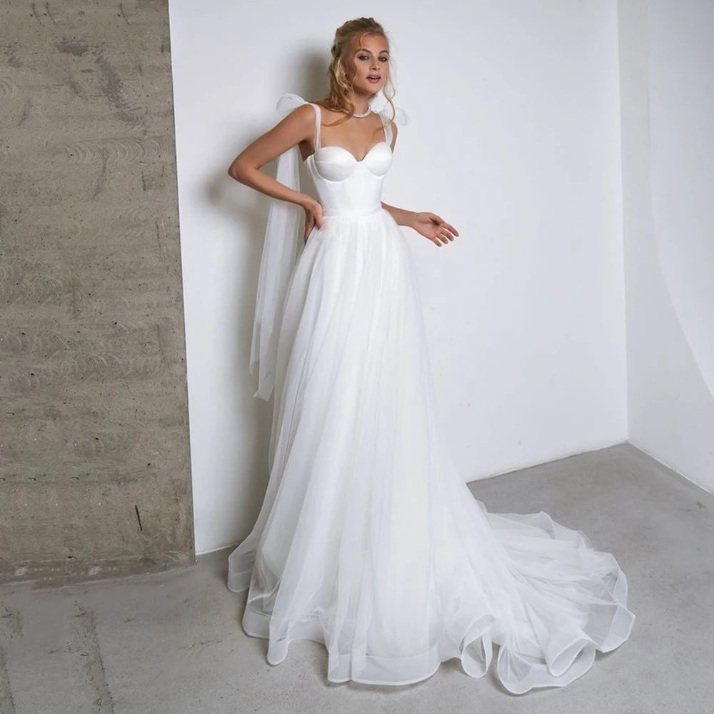 

UZN White A Line Tulle Wedding Dress Sweetheart Bustier Bridal Gown With Adjustable Straps Brides Dress Vestido De Novia