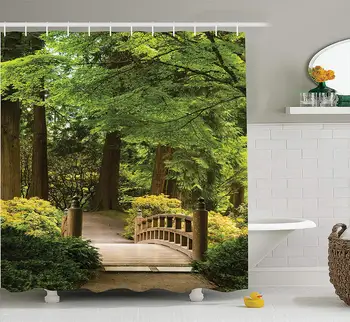 

Japanese Shower Curtain Wooden Bridge Over A Pond in Garden Calmness in Shadow of Trees Serenity in Nature Bathroom Accessories
