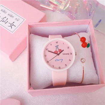 

Fashion Cute Children Cherry Watch Cherry Bracelet Casual Quartz Clock Girl Birthday Gifts Students School Presents With Box