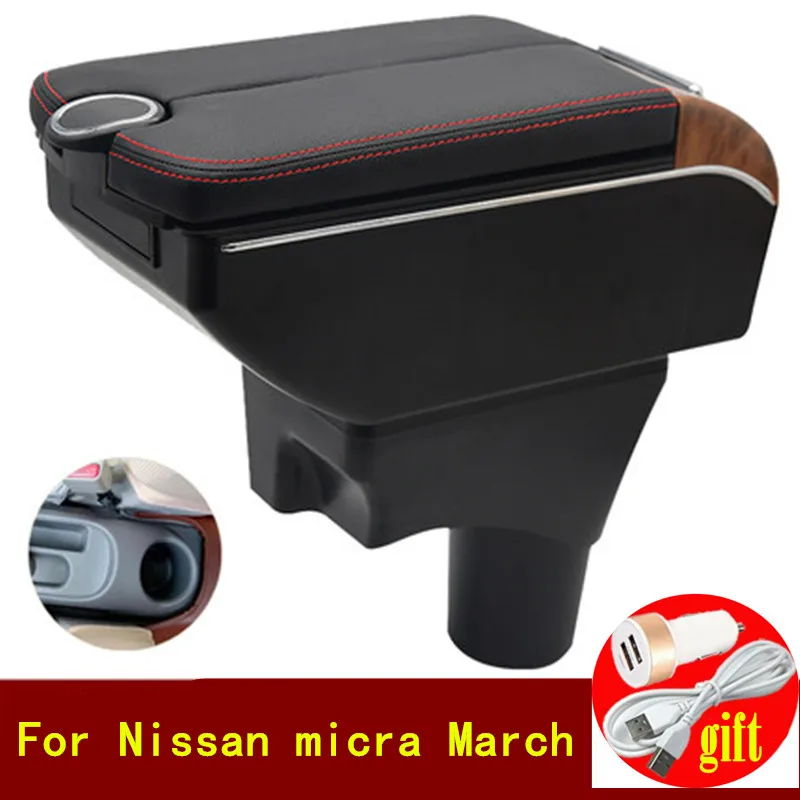 For Nissan micra March Armrest Box Double doors open 7USB Centre