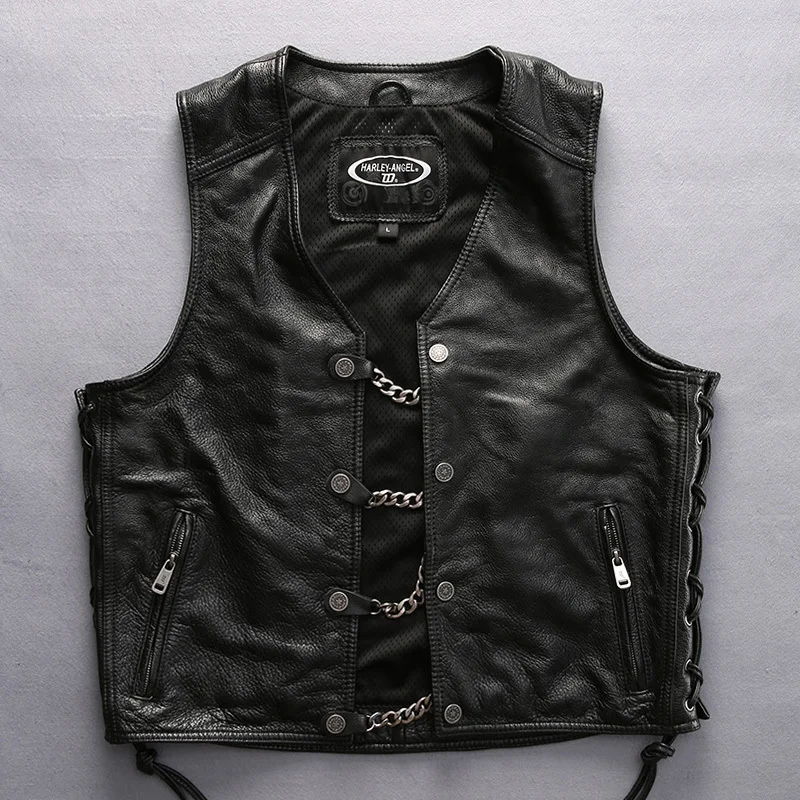 

Free Shipping 2020 NewStyle Men Motorcycle Rider Chain Vest Thick Genuine Leather Sleeveless Jacket