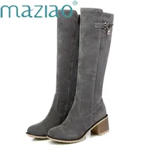 Сапоги женские сапоги женские зимние ботфорты женские женские сапоги женские сапоги из флока с круглым носком на молнии; женские сапоги до колена на квадратном каблуке; цвет черный, серый; MAZIAO