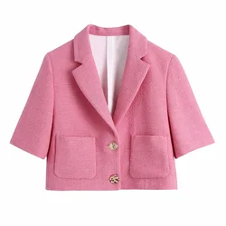 FAKUNTN Za Conjunto de 2 piezas Vintage para mujer, Blazer de manga corta con textura, Blazer de oficina y falda elegante de cintura alta