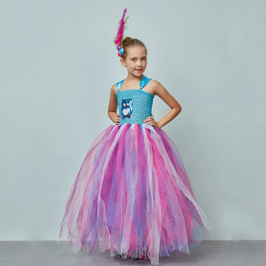 Fluffy Girls Blue Owl Gown Tutu Dress With Feather Hair Clip Children Birthday Party Pageant Animal Costume Kids Photo Dress (15)