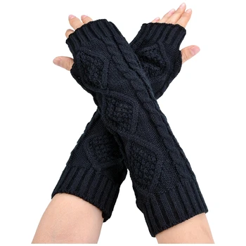 

Womens Cashmere Protection Knitted Wool Long Fingerless Arm Warmers Gloves black