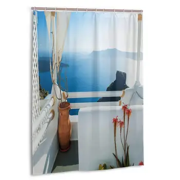 

Holiday Terrace with Sea at Sunset Architecture On Santorini Island Greece Shower Curtain Polyester Waterproof 12 Hooks Fabric