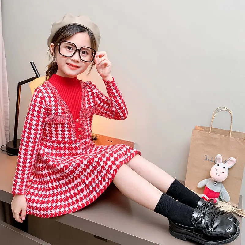 Girls Knitted Sweater Fall Winter Dresses 2021 New 4 6 8 10Years Christmas Year Pink Black Plaid Elegant Fringed Dress | Детская одежда