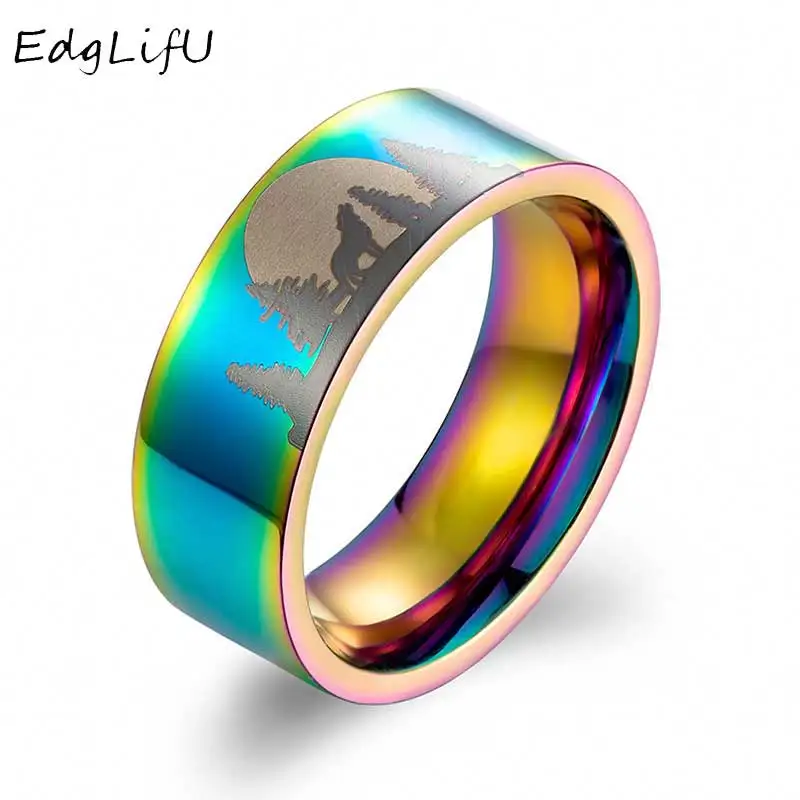 

EdgLifU Titanium Stainless Steel Wolf Ring in Moonlight Night Forest Wolf Prairie Wolf Ring Jewelry for Man